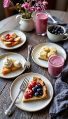 a nordic breakfast spread with lingonberry jam, skyr smoothies, and cloudberry pie.