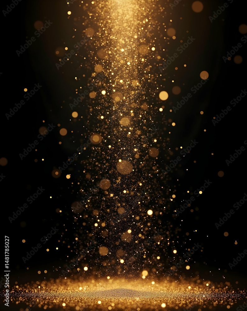 Poster radiant cascade, a dazzling display of golden particles illuminating the void with glittering elegan