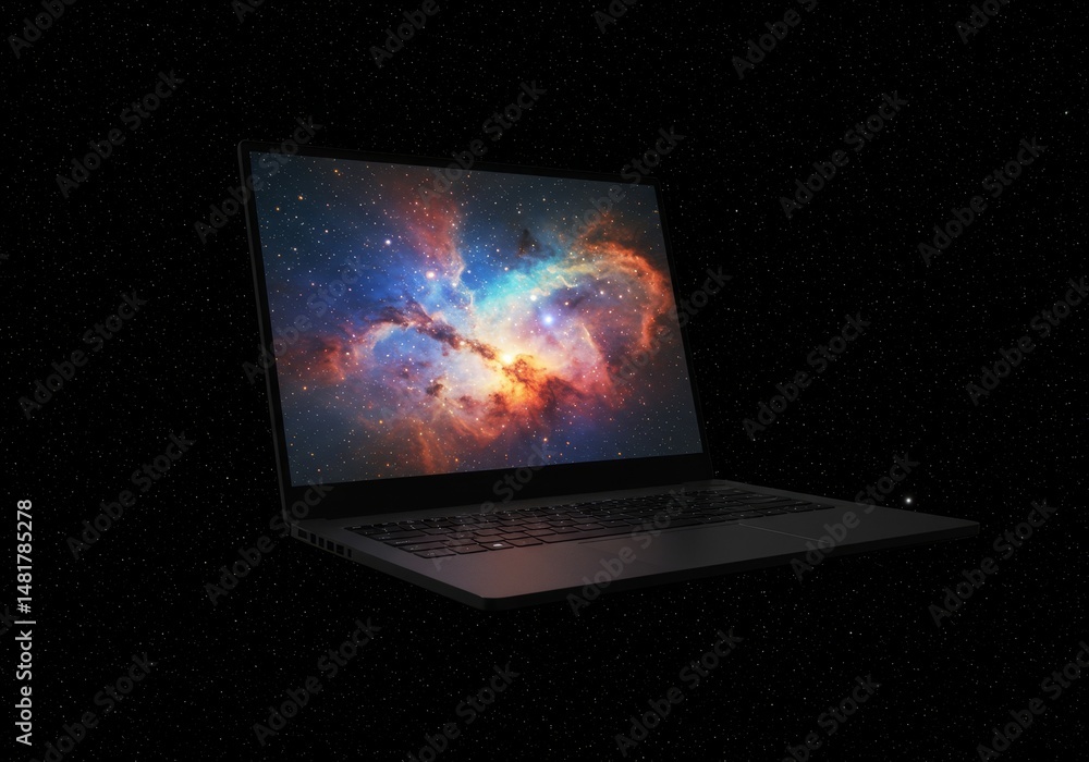 Poster 3d render of laptop showing nebula in space