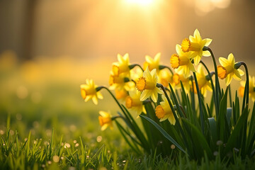 Obraz premium Radiant Daffodils in Golden Light, A Captivating Spring Scene with Sunbeams Pouring Through Delicate Petals, Evoking Warmth and Natural Beauty