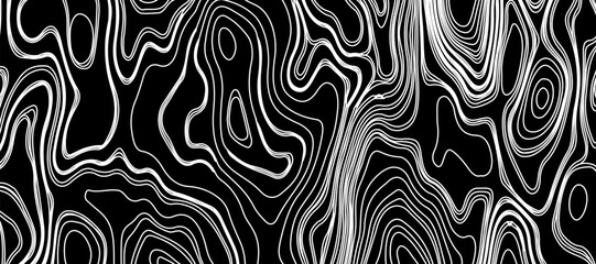 Topographic map like abstract backdrop. vector monochrome seamless pattern, curved lines, black & white layered texture. Abstract dynamical rippled surface.