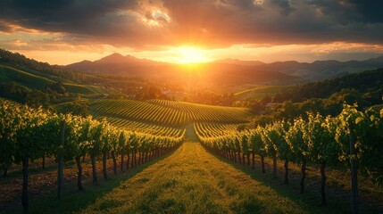 Obraz premium Majestic vineyard landscape at golden sunset.