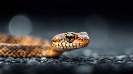 Fototapeta premium A close-up of a snake's head and neck, with a striking pattern of orange, black, and white scales.