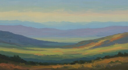 Scenic Mountain Valley Landscape Painting with Soft Pastel Colors