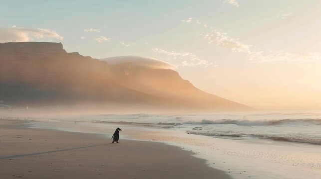 Penguin walks beach sunrise - Powered by Adobe