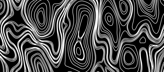 Topographic map like abstract backdrop. vector monochrome seamless pattern, curved lines, black & white layered texture. Abstract dynamical rippled surface.