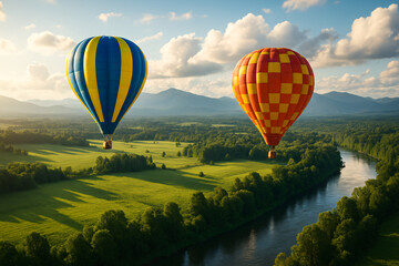 Naklejka premium Colorful hot air balloons over a picturesque green plain and a river