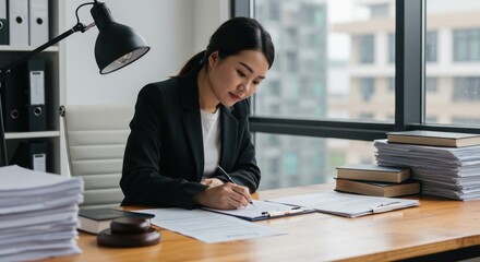 Focused legal professional meticulously reviewing documents in modern office setting