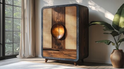 Stylish wooden cabinet with unique circular design, illuminated by natural light, enhancing modern interior decor and elegance.
