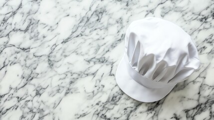 A chefs hat rests on a polished marble countertop.