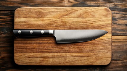 A gleaming chefs knife rests on a rustic wooden cutting board.