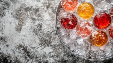 Refreshing assorted drinks on ice bucket cold beverage selection for summer colorful fizzy drinks with ice cubes against marble background