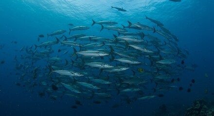 Photo of A Large School of Fish in Deep Blue Ocean