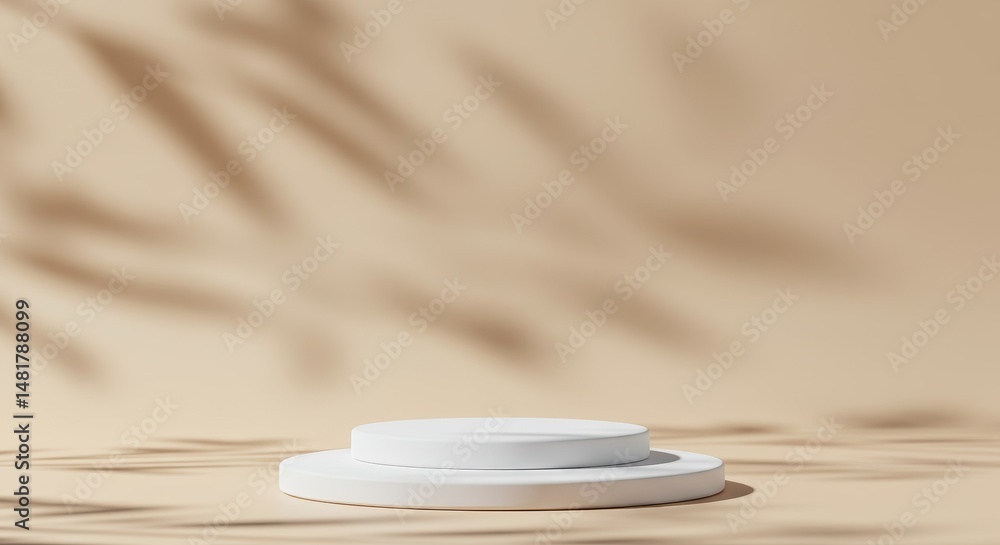Poster 3d render product display podium on beige background with leaf shadow