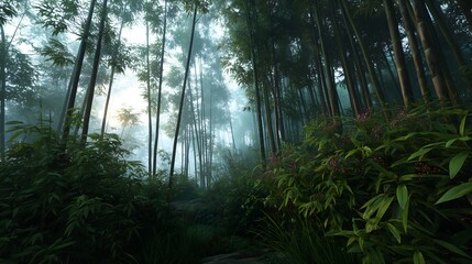 Fototapeta premium Misty bamboo forest in China at dawn creating a serene and tranquil atmosphere with dense greenery and soft light filtering through the fog
