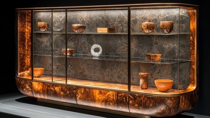 Elegant display cabinet showcasing artisanal wooden bowls and decorative pieces, illuminated for a warm, inviting ambiance in modern interior design.