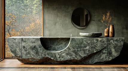 Elegant stone bathtub in a modern bathroom, showcasing natural textures and earthy tones, perfect for luxury home decor and wellness themes.