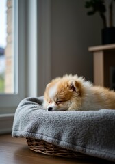 Photo of a Sleeping Pomeranian Puppy in a Basket
