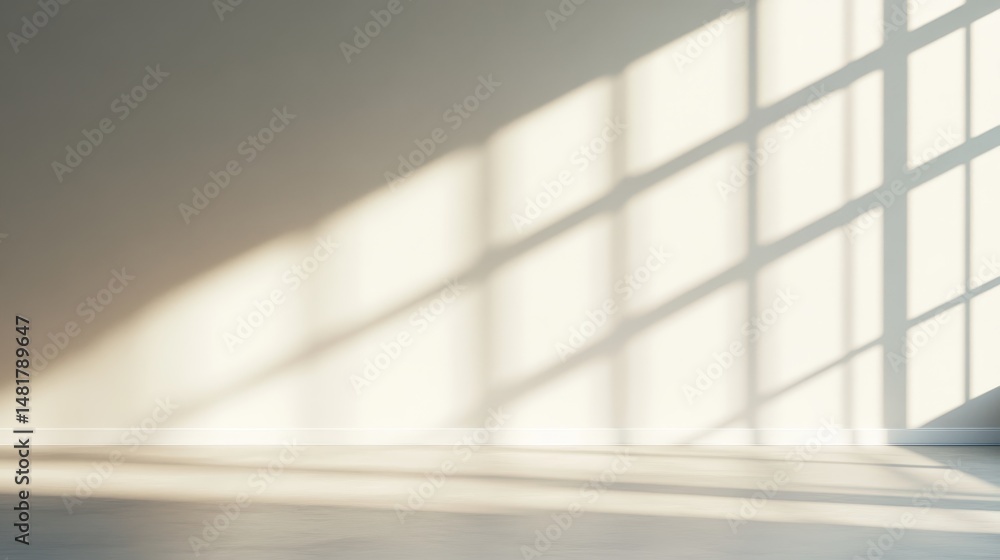 Poster a gentle beam of sunlight streams through a window, casting serene shadows on a plain white wall and