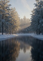 3D Render Winter Forest River Snow Reflection Sunlight