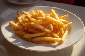 Golden crispy French fries on a white plate.