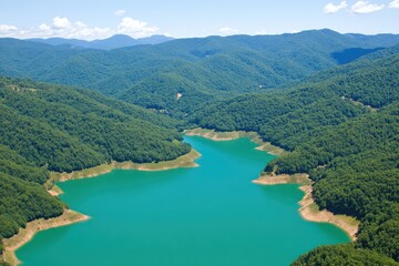 Turquoise lake nestled in a valley, surrounded by dense forests and rolling hills
