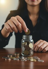 Photo of Woman Saving Coins in a Jar on a Table
