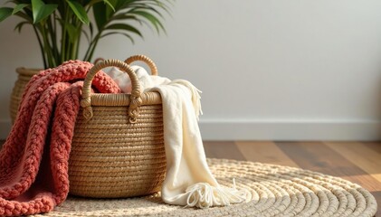 Fototapeta premium Woven rug basket filled with cozy throws, adding texture and warmth to a room , home decor, rug basket