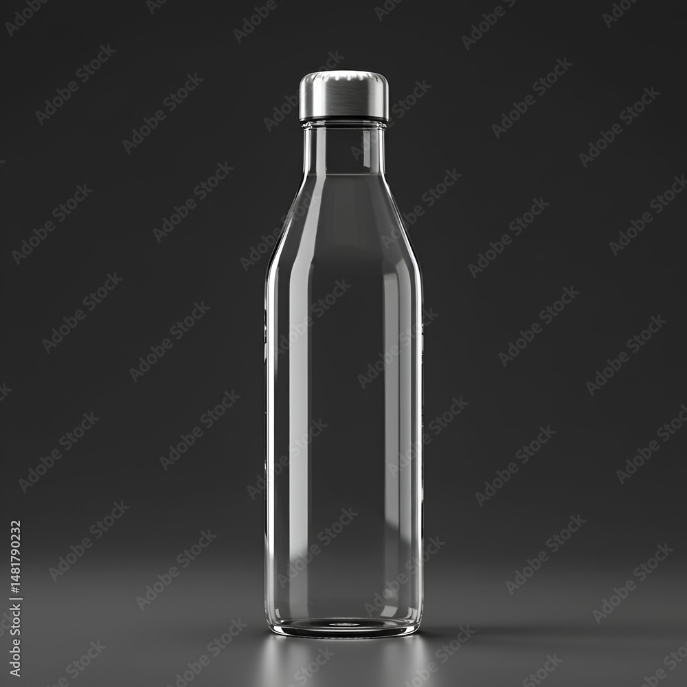 Poster empty glass bottle with metallic cap in studio setting. clear bottle with a simple design, standing 