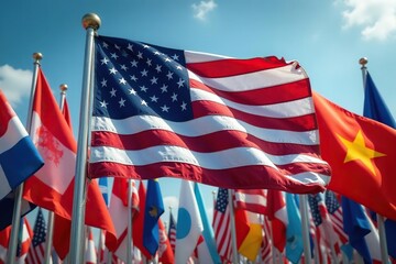 US flag displayed prominently among diverse flags , background image, flags of the world