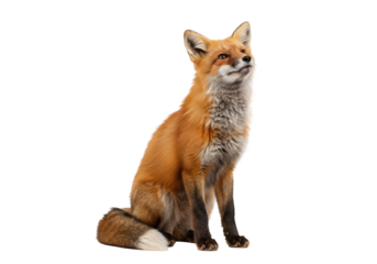 Red fox isolated, alert gaze upward. This alert animal is watching, truly alert. Perfect for wildlife themes.
