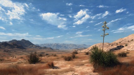 Scorched desert landscape in the Mojave with sparse vegetation under a bright blue sky and distant mountains