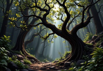 Fototapeta premium a canopy of gnarled branches shields the hollow from sunlight as mist drifts in from the forest.