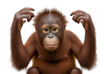Thoughtful baby orangutan isolated. Primate gesture, thoughtful mind, thoughtful.
