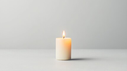 A single white candle with a flickering flame.