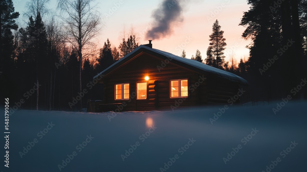 Poster cozy log cabin nestled in a snowy forest, illuminated by warm light from its windows with smoke gent