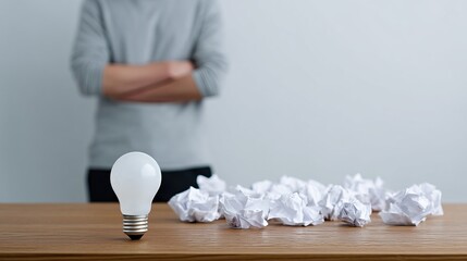 Single Lightbulb Illuminating Desk Surrounded by Crumpled Paper with Person in Background