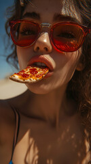 Summer Sun Pizza Delight A Realistic Photo of a Young Woman Enjoying Pizza