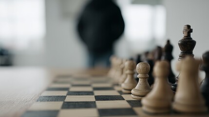 Thoughtful player contemplating next move on chessboard in a calm indoor environment