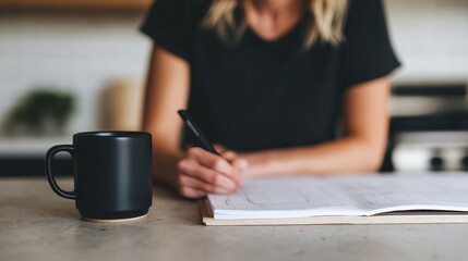 Determined Female Entrepreneur Updating Her Business Plan While Enjoying Coffee at Home