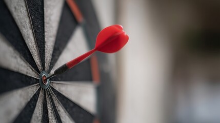 Close-up of a Red Dart Just Missing the Bullseye on a Dartboard in a Dimly Lit Environment