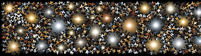 Colorful Abstract Puzzle Pieces with Glowing Stars and Shimmering Lights on a Dark Background for Artistic and Creative Uses