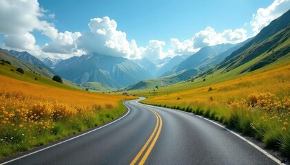 Naklejka premium A scenic cycling road curves through a vibrant landscape , green, travel