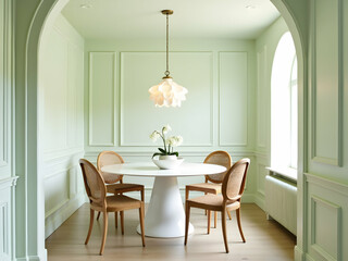 Serene Dining Alcove with Soft Pastel Pistachio Hue, Illuminated by a Stylish Pendant Light Fixture, Inviting Ambience for Intimate Gatherings