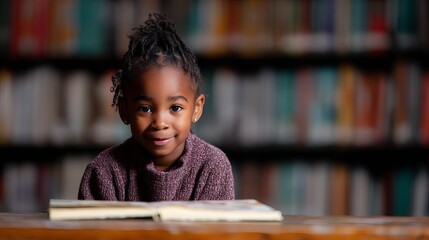 Young Girl with Cochlear Implant Engaged in Reading a Story in a Library Setting