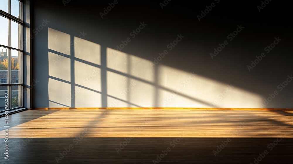 Poster sunlight streams through a large window onto an empty wooden desk, creating long shadows and a seren