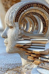 Intricate Sculpture of Human Face with Spiral Design, Showcasing Creative Artistry and Detailed Textures in a Unique Composition
