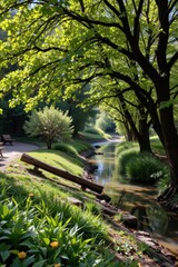 Obraz premium a shaded grove beside a river, where wildlife gathers to drink and bathe.