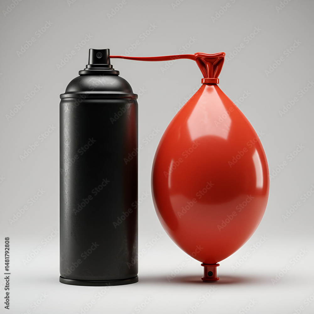 Poster black spray can inflating a red balloon on a plain background. abstract object with conceptual meani