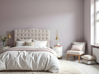 Serene lilac bedroom interior featuring a plush tufted headboard, bathed in soft light creating a calming and inviting atmosphere for rest and relaxation